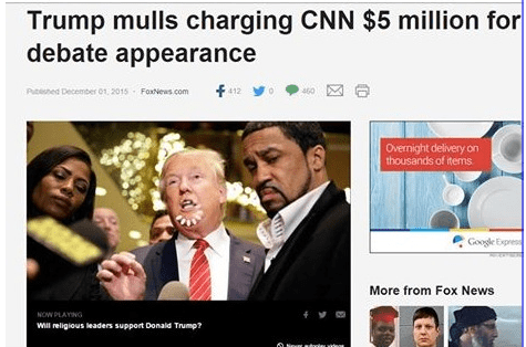 TRUMP --- MULLS CHARGING CNN $5-MILLION FOR DEBATE APPEARANCE --- 12-11-15