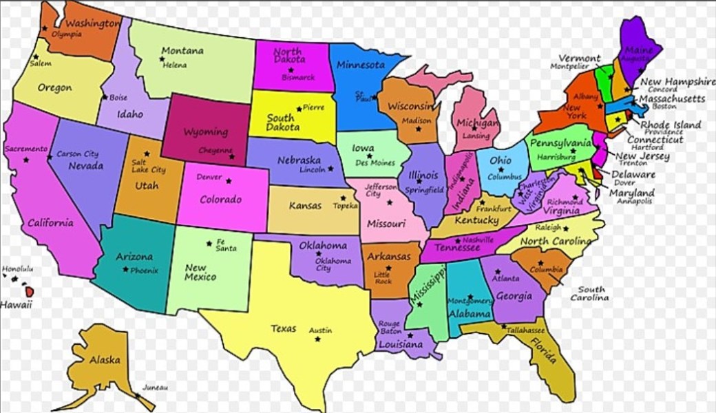 USA MAP --- COLORED --- NAMES OF STATES --- 3-1-16